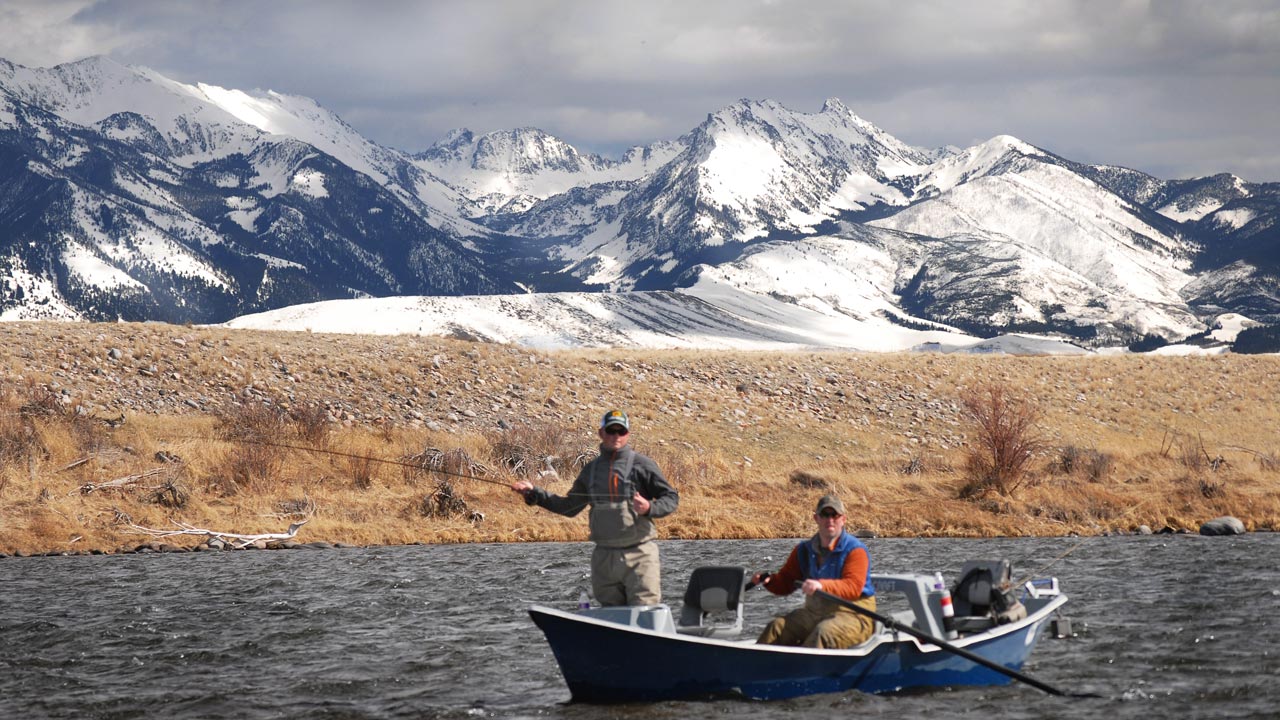 Fishing in Drift Boat on the Madison River near Ennis Montana in April